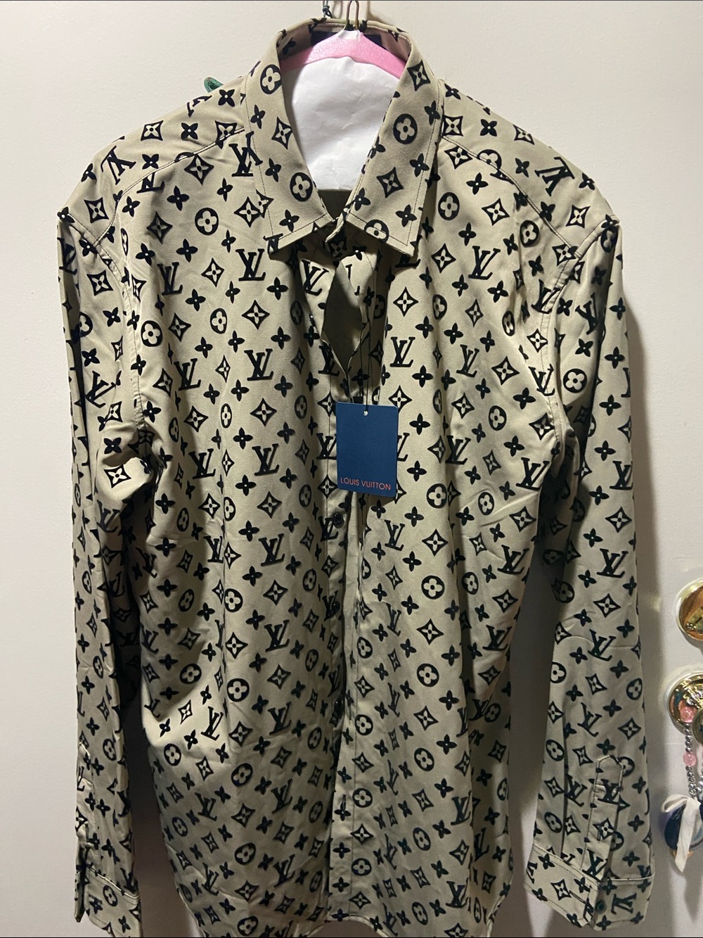 -Inspired Beige Monogram Long-Sleeve Shirt - size 3XL but fits like L